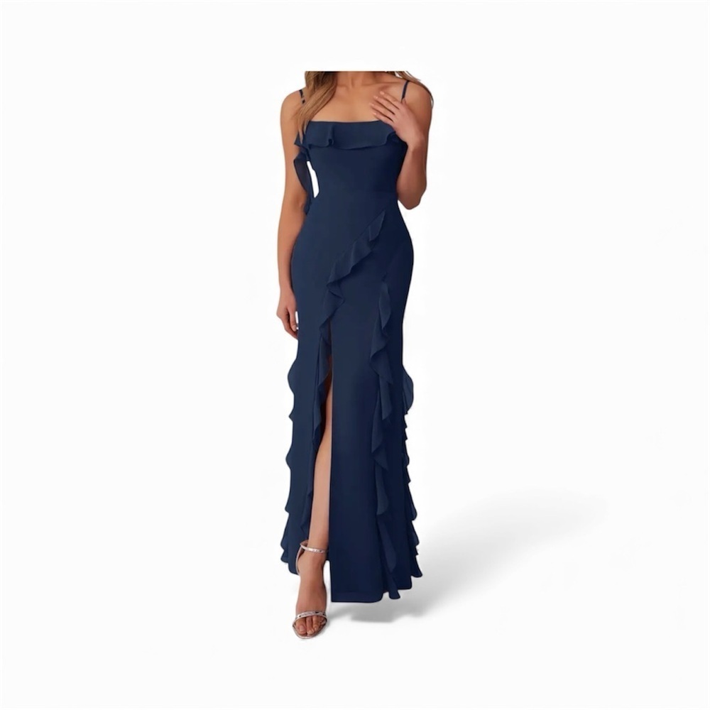 Azazie Strapless Navy Dress with Ruffle Detail